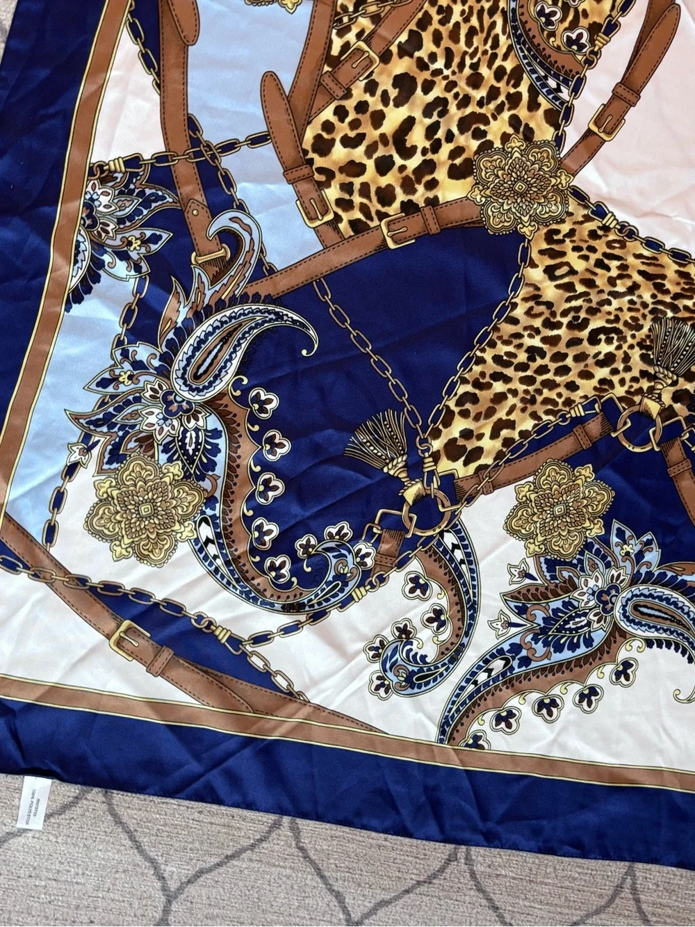Vintage Italian Equestrian Leopard Paisley Square Scarf – Navy & Gold